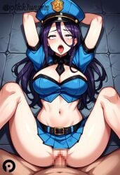 1boy ahe_gao ai_generated arms_behind_head arms_up belt black_belt blue_headwear blue_skirt blush breasts caitlyn_kiramman censored cleavage clothed_female_nude_male crop_top female hair_between_eyes hat large_breasts league_of_legends legs_up long_hair lying midriff miniskirt missionary navel necktie nude on_back open_mouth penis pikkiwynn police police_hat police_uniform policewoman pov purple_eyes purple_hair pussy sex skirt solo_focus spread_legs stomach straight teeth tongue tongue_out uniform vaginal_penetration