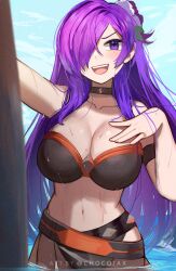 1girls :d alternate_costume armband bare_shoulders bikini black_bikini black_choker black_swimsuit blush breasts chocojax choker cleavage female female_only fire_emblem fire_emblem:_three_houses fire_emblem_heroes fire_emblem_warriors:_three_hopes hair_over_one_eye hand_on_own_chest highres large_breasts long_hair looking_at_viewer navel nintendo nose_blush official_alternate_costume open_mouth purple_eyes purple_hair shez_(female)_(fire_emblem) shez_(female)_(summer)_(fire_emblem) shez_(fire_emblem) smile solo stomach strapless strapless_bikini swimsuit upper_body very_long_hair water