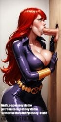 1boy ai_generated artist_name avengers belt belt_buckle black_widow_(marvel) blush bodysuit breasts buckle caressing_testicles cleavage clothing fellatio female gloves green_eyes jousneystudio large_breasts lips long_hair looking_at_viewer male marvel marvel_comics nipples oral patreon_username penis red_hair saliva semen semen_in_mouth semen_on_body shiny skin_tight solo solo_focus straight superheroine testicles text the_avengers:_earth&#039;s_mightiest_heroes uncensored