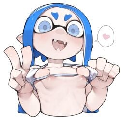 aioi_u blue_eyes breasts inkling inkling_girl looking_at_viewer open_mouth peace_sign puffy_nipples small_breasts splatoon v_sign