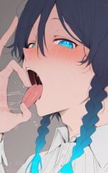 ai_generated aibenzaiten androgynous asking_for_it blowjob_gesture blue_hair blush braid braided_hair eye_contact femboy genshin_impact horny horny_male looking_at_viewer open_mouth oral_invitation saliva tongue tongue_out twink venti_(genshin_impact)