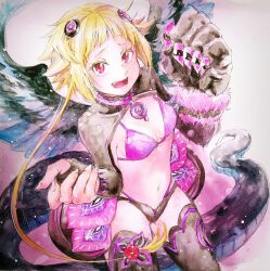 1girls animal_hands bikini blonde_hair capella_emerada_lugunica detached_sleeves female purple_bikini re:zero_kara_hajimeru_isekai_seikatsu red_eyes tagme tail thighhighs tongue_out wings