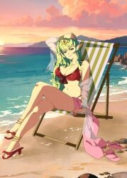 1girls absurdres alternate_costume alternate_hairstyle artist_name bare_legs beach beach_chair bikini breasts cleavage cloud female female_only fire_emblem fire_emblem_awakening fire_emblem_heroes green_eyes green_hair hair_ornament highres large_breasts long_hair looking_at_viewer navel nintendo ocean official_alternate_costume orange_sky outdoors pointy_ears r3dfive red_bikini red_footwear sand sandals see-through sitting sky solo stomach sunlight sunset swimsuit tiki_(adult)_(fire_emblem) tiki_(adult)_(summer)_(fire_emblem) tiki_(fire_emblem) toes water wet