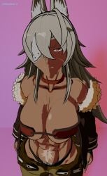 3d abs absurd_res angry breasts dark-skinned_female dark_skin female_abs ghislaine_dedoldia muscular_female mushoku_tensei pubic_hair scars shaddoll_x thong