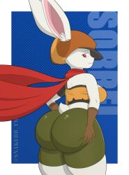 1girls alternate_version_available anthro big_ass bottomwear breasts bubble_ass bubble_butt bunny bunny_ears bunny_girl bunny_tail clothing dat_ass dragon_ball female female_only green_short hand_on_ass hat headwear huge_ass large_ass looking_back neckwear red_eyes red_scarf scarf shorts sideboob snakebd solo solo_female sorrel textless textless_version topwear white_body white_skin