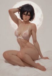 ai_generated arm_behind_head arm_up armpits attack_on_titan black_hair female fit_female grey_eyes looking_at_viewer medium_hair midcafe_(artist) mikasa_ackerman mostly_nude seductive_look seductive_smile shingeki_no_kyojin sitting solo solo_female thighs