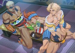 3boys ass ass_grab blonde_hair bulge eye_patch final_fantasy final_fantasy_x flaccid gay male male_only muscles muscular muscular_male red_hair schizoid tidus vuroja wakka yaoi