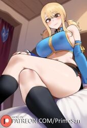 ai_generated bedroom blonde_hair brown_eyes crop_top crossing_legs fairy_tail female from_below large_ass large_breasts light_smile long_sleeves low_twintails lucy_heartfilia primosan sitting socks solo thiccwithaq_(ai_style)