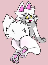 alex ass ass_focus big_ass big_butt big_eyes blush cat_ears cat_tail eyebrows_visible_through_hair feet feet_up female furry gray_fur looking_back medium_breasts oc open_mouth paws pink_background pookyelgato white_fur yellow_eyes