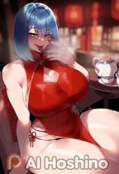 ai_generated blue_hair blush china_dress chinese_clothes drink female green_eyes highres hoshino_ai_(generated) kurokawa_akane leggings looking_at_viewer low_neckline naughty_face oshi_no_ko portrait tea_store thiccwithaq_(ai_style) tongue tongue_out upper_body