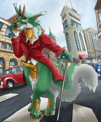 4_fingers 5_toes anthro bicikliszelep bottomless brown_claws brown_horn cane car city city_background cityscape claws clothed clothing coat detailed_background dragon drokat ear_tuft ears_up feet fingers fluffy fluffy_tail fur genitals green_body green_fur hi_res horn male mythological_creature mythological_scalie mythology necktie penis pose public public_nudity red_clothing red_coat red_topwear scalie solo solo_focus tail toes topwear topwear_only tuft vehicle white_body white_fur