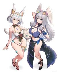 2girls absurd_res alternate_costume arms_up ass bare_shoulders bikini blue_bikini blue_eyes blush breasts bubble_butt busty cat_ears catgirl circlet cleavage core_crystal curvy facial_markings fat_ass female female_only gonzarez head_wings highres large_ass large_breasts long_hair looking_at_viewer melia_antiqua midriff milf monolith_soft navel nia nintendo one-piece_swimsuit queen royalty shell_bikini short_hair side-tie_bikini silver_hair slim_waist swimsuit thick_ass thick_thighs thighs tiara very_long_hair voluptuous white_swimsuit wide_hips wings wings_on_head xenoblade_(series) xenoblade_chronicles_3 yellow_eyes