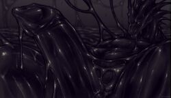 2022 anthro black_body black_penis detailed_background digital_media_(artwork) dragon erection genitals horn latex latex_creature living_latex male monochrome mythological_creature mythological_scalie mythology penis ringed_eyes scalie solo spread_legs spreading zlvuxx