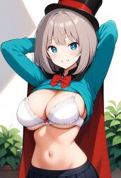 ai_generated arms_behind_head big_breasts blue_eyes blue_shirt bob_cut bra cylinder grey_hair large_breasts silver_hair skirt tejina_senpai tejina_senpai_(character) tejina_senpai_(series)