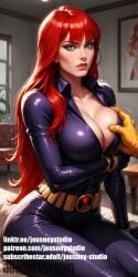 1boy ai_generated artist_name avengers bangs belt black_widow_(marvel) bodysuit breast_grab breasts cleavage clothing female female_only gloves grabbing green_eyes indoors jousneystudio large_breasts lips long_hair looking_at_viewer marvel marvel_comics orange_hair red_hair sitting solo solo_focus straight superhero table text the_avengers:_earth's_mightiest_heroes thighs yellow_gloves