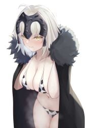 absurdres animal_print bikini black_cape blush breasts cape cleavage collarbone cow_print fate/grand_order fate_(series) female fur-trimmed_cape fur_trim headpiece highres jeanne_d'arc_alter_(avenger)_(fate) jeanne_d'arc_alter_(fate) large_breasts looking_at_viewer navel okuma707 short_hair simple_background solo swimsuit thighs white_background white_hair yellow_eyes