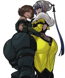 2girls ass ass_cleavage ass_focus breast_press brown_eyes brown_hair masha_(xenoblade) milf monica_(xenoblade) monica_vandham shosho_oekaki white_hair xenoblade_(series) xenoblade_chronicles_3 yellow_eyes