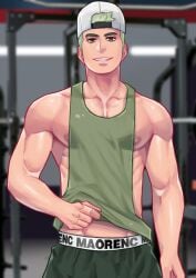 1boy backwards_baseball_cap baseball_cap clothed cocky green_hair gym looking_at_viewer male male_only maorenc muscular nipples nipples_outside original_character shirt_lift shorts smile smiling_at_viewer smug solo solo_male tank_top tank_top_lift teasing underwear