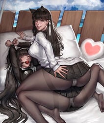 2girls absurdres ass atago_(azur_lane) azur_lane ball_gag bed bondage cameltoe clothing female female_only femdom femsub gag gagged highres incest kidmo looking_at_viewer looking_back multiple_girls panties pantyhose red_ball_gag sisters skirt spread_legs takao_(azur_lane) yuri