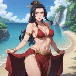 1girls ai_generated avatar_the_last_airbender azula beach beach_background belly_button belly_dancer belly_dancer_outfit black_hair bracelet breasts harem_outfit light-skinned_female light_skin lipstick mature_female medium_breasts mexkwigo midriff navel