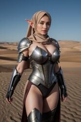 aedel_elves aedel_sfw ai_generated arab arabian arabian_clothes arabian_female breasts desert elf elf_ears elf_female fantasy female_knight female_warrior head_scarf headscarf hijab knight medieval muslim muslim_female realistic sand sfw sfw_version stockings