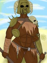 abs amazon armor bandages big_breasts breastplate dark_skin daytime desert dominant_female exileraptor_art gladiator golden_armor hairy_pussy helmet horn_accessory horn_ornament intimidating muscle_mommy muscles muscular muscular_female nipple_piercing oc original_character pelt revealing_clothes scary_face skull thighs