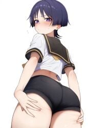 1boy ai_generated big_ass blush cosplay curvy femboy indigo_hair looking_at_viewer male_only pout purple_eyes scaramouche_(genshin_impact) spreading_own_ass thick_thighs tight_shorts twink