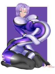 1girls big_ass big_breasts elastic elastic_arms elastic_body elastic_torso green_eyes light-skinned_female massive_breasts painted_nails purple_hair purple_nails short_hair solo solo_female squeezing_butt stretchy zariana_(zaro24) zaro24