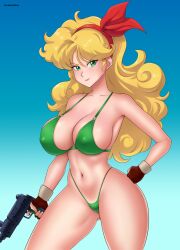 absurdres bikini bitch blonde_hair blue_background breasts brown_gloves commentary covered_erect_nipples dragon_ball english_commentary female female_pervert fingerless_gloves gloves gradient_background green_bikini green_eyes gummslime gun hairband highleg highleg_bikini highres hooker large_breasts long_hair lunch_(bad)_(dragon_ball) lunch_(dragon_ball) navel pervert prostitute prostitution red_hairband sex_invitation sexually_suggestive solo standing swimsuit weapon