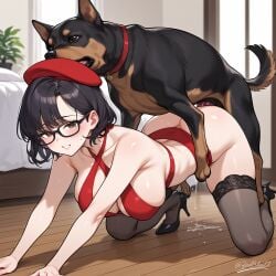 ai_generated anal_sex ass beret big_breasts big_butt big_heels canine cheating_wife dog_penis doggy_style glasses milf room short_hair socks thong vaginal_penetration wife zadbhell zoophilia