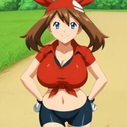 ai_generated bangs big_breasts bike_shorts blue_eyes blush brown_hair busty creatures_(company) crop_top curvy female female female_only game_freak gloves hands_on_hips hi_res highres may_(pokemon) midriff navel nintendo outdoors pokemon pokemon_(game) pokemon_rse pokemon_trainer pony_diffusion_xl pose posing red_bandanna seraphim_ai smile solo spandex spandex_shorts stable_diffusion tied_shirt