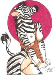 2024 anthro black_body black_hair bottomless bracelet breasts clothed clothing ear_piercing ear_ring equid equine female genitals hair jewelry mammal mostly_nude nipples piercing plains_zebra purple_eyes pussy ring_piercing solo terrie_smith white_body white_hair zebra