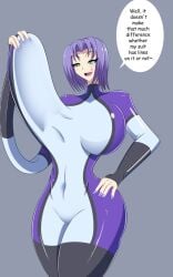 1girls big_ass big_breasts elastic elastic_arms elastic_breasts enormous_breasts green_eyes light-skinned_female massive_breasts painted_nails pulling_breasts purple_hair purple_nails short_hair solo solo_female speech_bubble stretchy text zariana_(zaro24) zaro24