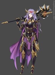 1girls alternate_costume armor armored_boots armored_gloves axe black_clothing breasts camilla_(fire_emblem) cape cosplay dreadlord_(warhammer) druchii elf_costume female female_only fire_emblem fire_emblem_fates frostypersimmons gold_(metal) hair_over_one_eye large_breasts long_hair nintendo pantyhose purple_hair red_eyes smile solo total_war:_warhammer warhammer_(franchise) warhammer_fantasy weapon