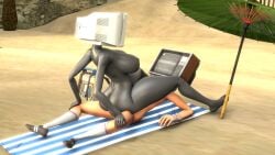 android beach big_ass big_breasts cowgirl_position grey_skin nude_female robot_humanoid scout_(team_fortress_2) thick_thighs tv_head