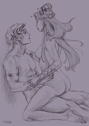 ares_(hades) ass breasts canon_couple hades_(game) holding_partner milf monochrome nipples no_visible_genitalia nude_female nude_male nyx_(hades) sketch straight tinacheesecat vaginal_sex