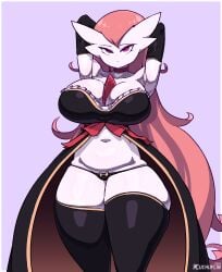 2024 arms_behind_head arms_up big_breasts clothed clothed_female clothing cuchuflin female female_only furry gardevoir looking_at_viewer original original_character pink_hair pokemon pokemon_(species) pokemon_rse purple_eyes tagme thick_thighs watermark white_skin