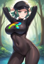 ai_generated arms_behind_head big_breasts civitai green_eyes green_hair large_breasts pokemon rocket_grunt