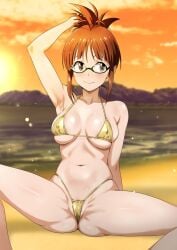 akizuki_ritsuko antenna_hair armpits beach bikini blush breasts brown_eyes brown_hair cameltoe covered_nipples evening female folded_ponytail glasses gold_bikini groin idolmaster idolmaster_(classic) looking_at_viewer medium_breasts micro_bikini minpei_ichigo navel ocean shiny_skin short_hair sitting skindentation spread_legs stomach strap_gap string_bikini sunset swimsuit thong_bikini underboob water