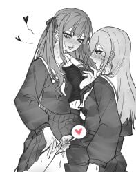 2girls artist_request bang_dream! bang_dream!_it's_mygo!!!!! blush commentary commission ear_blush female_pubic_hair futa_with_female futanari greyscale hair_ribbon highres long_hair long_sleeves monochrome multiple_girls open_clothes open_mouth open_shirt penis pleated_skirt pubic_hair pussy ribbon school_uniform second-party_source sidelocks simple_background skirt spot_color sweat togawa_sakiko tsukinomori_school_uniform wakaba_mutsumi white_background