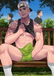 1boy abs backwards_baseball_cap baseball_cap bench bulge cocky erection erection_under_clothes green_hair hand_under_clothes hand_under_shorts implied_masturbation legs_apart looking_at_viewer male male_only maorenc muscular nipples original_character outside park pecs public shirt_lift shorts sitting smile smiling_at_viewer smirk smirking_at_viewer socks solo solo_male sticking_out_tongue tank_top tongue tongue_out