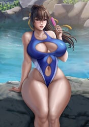 1girls abs alluring ass belly big_breasts breasts brown_hair cleavage clothed clothing dead_or_alive female female_only flowerxl hair huge_ass huge_breasts human human_only kasumi_(doa) large_breasts long_hair midriff navel one-piece_swimsuit popsicle solo swimsuit thick_thighs thighs video_games water wide_hips