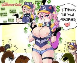 1girls big_breasts blue_eyes blue_hair blush cat_ears fingerless_gloves goggles hat heart lewdamone long_hair looking_at_viewer nipples open_mouth open_shirt partially_clothed pink_hair ponytail presenting smile standing steam steam_delivery_girl sweat text thick_thighs wallet wholesome