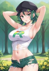 ai_generated arms_behind_head big_breasts civitai green_eyes green_hair large_breasts pokemon rocket_grunt shorts tank_top tanktop