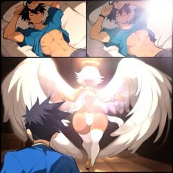 2boys abs ai_generated alriel angel angel_wings bulge comic dark-skinned_male dark_skin divine divine_slut femboy gay hair_over_eyes halo light mullon muscular_male novelai sleeping thick_thighs trap waking_up wide_hips yaoi