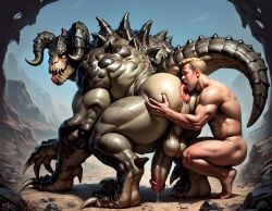 2boys abs ai_generated anthro anthro_dominating_human anus ass ass_focus balls bara beefy bethesda_softworks big_ass big_balls big_dom_small_sub big_muscles big_nipples big_pecs big_penis booster_rex cum_on_body cum_on_penis cumshot daddy deathclaw dilf dominant dominant_anthro dominant_male drooling duo ejaculation erect_nipples erection fallout gay holding_partner horn huge_balls huge_cock huge_muscles huge_nipples huge_pecs human human_on_anthro humansub hunk interspecies larger_anthro male male/male male_only manly monster muscular muscular_anthro muscular_human muscular_male nipple_suck nipples nude orgasm penis reptile rimming rimming_male scalie size_difference smaller_human smaller_male submissive submissive_human submissive_male yaoi