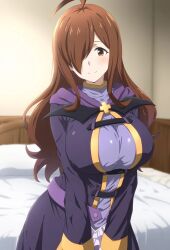 ai_generated big_breasts brown_hair curvaceous curvy_female hair_over_one_eye huge_breasts kono_subarashii_sekai_ni_shukufuku_wo! large_breasts light-skinned_female light_skin long_hair mature_female milf smiling solo_female tofuro voluptuous voluptuous_female wiz_(konosuba) yellow_eyes