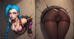 1girls ai_generated artist_name artist_psyopsai ass ass_focus back_view blue_hair clothed clothing colored digital_media_(artwork) female female_focus female_only fit_female flat_chest from_behind front_view jinx_(league_of_legends) league_of_legends leggings ponytail purple_eyes small_breasts solo solo_focus stuck stuck_in_wall tight_clothing watermark