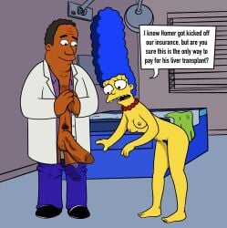 1boy 1girls 4_fingers balls bending_over black_hair blue_hair blue_pubic_hair breasts chest_hair clothing coat dark-skinned_male dark_penis dark_skin doctor doctors_office duo english_text erection female heans human indoors julius_hibbert lockandlewd looking_at_penis looking_down male marge_simpson milf naked nipples nude_female open_mouth pants_down penis pubic_hair shoes small_breasts straight text text_bubble the_simpsons yellow_body yellow_skin