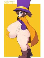 :3 a_hat_in_time ai_generated areola_slip ass blue_eyes boots breasts_out_of_clothes bright_pupils brown_hair cape full_body gigantic_breasts hand_on_hip hat_kid large_areolae looking_at_viewer nude purple_headwear sagging_breasts shortstack simple_background smug standing star_pasties thick_thighs top_hat